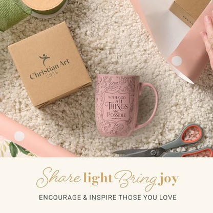 Christian Art Gifts Large Ceramic Coffee Bible Verse Mug for Women - color: All Things are Possible/Pink & Rose Gold Floral