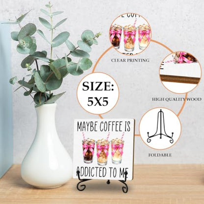 Coffee Bar Sign, Coquette Pink Bow Coffee Wooden Plaque With Iron Stand - color: Iced Coffee