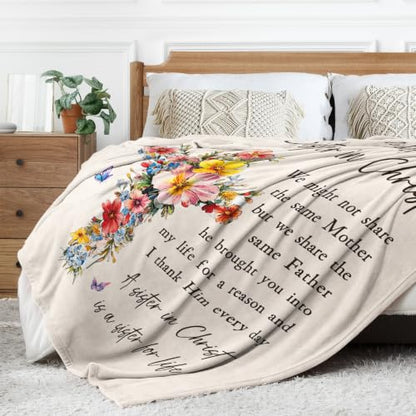 Christian Gifts for Women, Sister in Christ Floral Cross Blanket - color: Cream