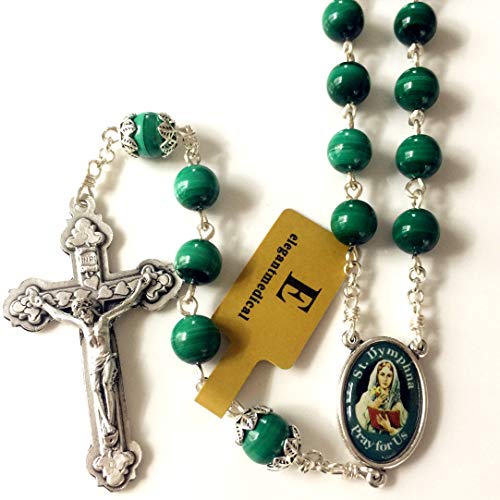 elegantmedical Handmade UNDOUBTED Malachite 8MM Beads St.Dymphna Rosary Cross/Crucifix Necklace Box Catholic Womens Gift