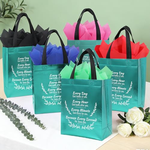 LUAVIARU 40 Pcs Bible Verse Christian Gift Bags Set – 20 Lake Blue Reusable Gift Bag with Handles & 20 Tissue Paper, Religious Gift Bag for Church Events, Baptism, Easter, Communion, Congratulations - color: Lake Blue, size: 20