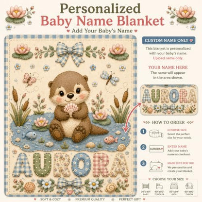 Personalized Baby Blanket With Name, Custom Baby Blankets, Sea otter Design - color: Sea Otter