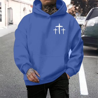Men Faith Over Fear Christian Cross Graphic Pullover Hoodie - color: Blue, size: XX-Large