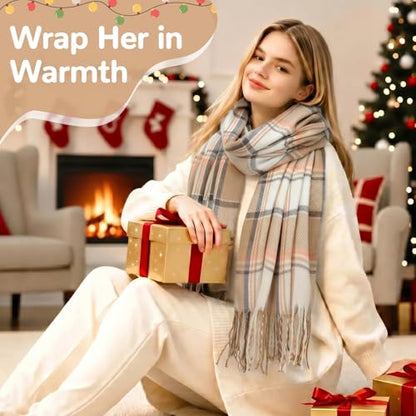 Loritta Winter Scarf for Women, Long Plaid Shawl Wraps Scarves Gifts - color: E-brown Beige Lattice
