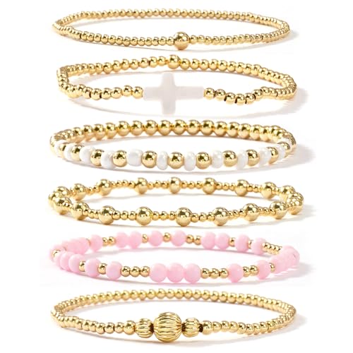 Gold Beaded Bracelets Stack for Women Stackable 14K Gold Plated Beads Ball Cross Bracelet Boho Christian Jewelry Faith Friendship Birthday Gifts for Women - color: 6pcs-Pink White