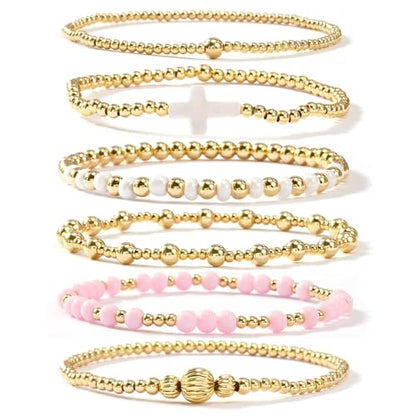 Gold Beaded Bracelets Stack for Women Stackable 14K Gold Plated Beads Ball Cross Bracelet Boho Christian Jewelry Faith Friendship Birthday Gifts for Women - color: 6pcs-Pink White