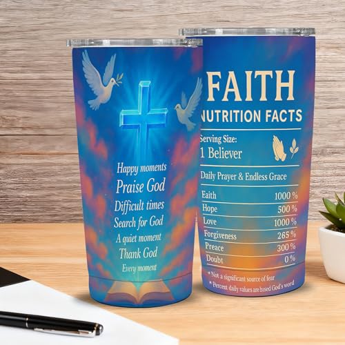 20oz Christian Tumbler With Straw Lid, Faith Nutrition Label, Cross & Dove Stainless Steel Insulated Travel Cup, Inspirational Gift