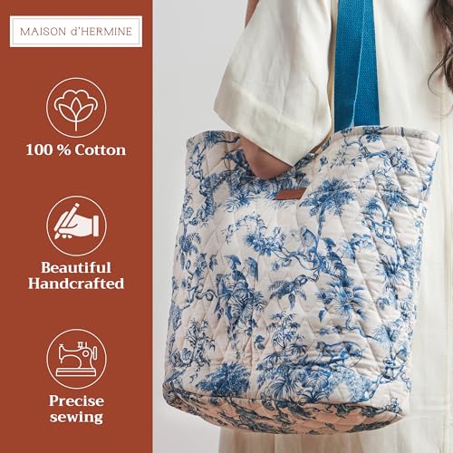 Maison d' Hermine Shopping Bags Cotton Quilted Tote Bag with Zipper Pockets - color: 002 - Bonobo - Blue