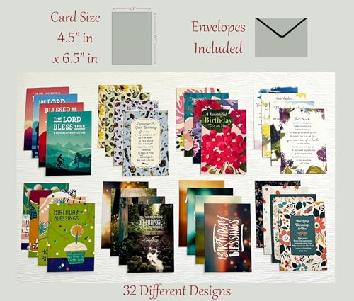 Birthday Cards ~ No Repeated Designs~ 32 Cards and Designs ~ Christian/Religious Greeting Card Assortment #1 ~ Scripture in every card ~ Envelopes Included