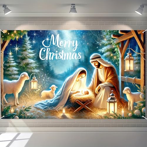 BlissYard Nativity Scene Banner 71x43 Inches Merry Christmas Manger Scene Banner Religious Christian Backdrop for Church Indoor Outdoor Christmas Backdrop Nativity Background Holiday Decoration