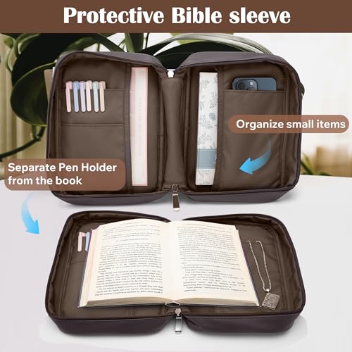 Small Bible Cover Case for Women and Men, 9x6 PU Leather Bible Sleeve, Compact Travel Bible Carrier Bag with Front Pen Holders, Zipper Closure, Inner Pockets - Coffee Brown - color: Coffee Brown, size: 9''x6.5''