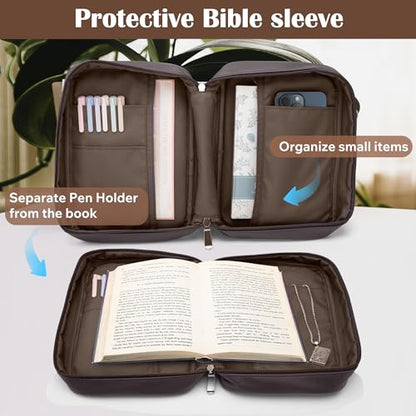 Small Bible Cover Case for Women and Men, 9x6 PU Leather Bible Sleeve, Compact Travel Bible Carrier Bag with Front Pen Holders, Zipper Closure, Inner Pockets - Coffee Brown - color: Coffee Brown, size: 9''x6.5''