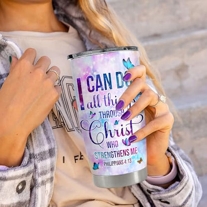 Christian Tumbler 20oz Stainless Steel Insulated Travel Mug Cup for Women Girls Inspiration Bible Verse Religious Gifts for Birthday Christmas - color: Christian