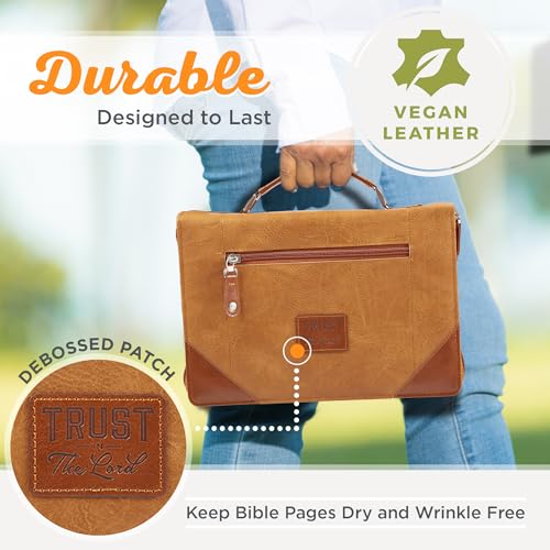 Christian Art Gifts Classic Vegan Leather Bible Cover for Men: Trust in the Lord - Inspirational Bible Verse, Sturdy Easy Carry Book Case w/Pen Loops, Brown, Medium