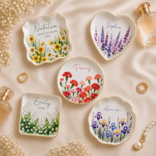 Personalized Ceramic Ring Dish with Name and Birth Flower, Custom Jewelry Tray Trinket Dish for Rings Earrings Necklaces Keys, Birth Month Flower Gift for Mom Bridesmaid Wife Best Friend - color: Birth Month Jewelry Dish
