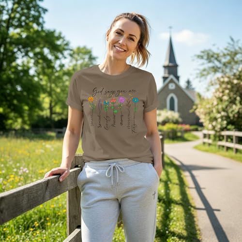 Womens Christian Shirt Bible Verse T-Shirt Religious Gifts Florial Tee Tops - color: Brown, size: Medium