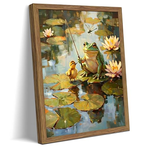Cute Frog Fishing Wall Art Framed Canvas Print, Frog and Duckling Pond Poster Painting Picture, Woodland Nursery Bathroom Animal Wall Decor Oil Painting for Kids Bedroom Playroom Home 12x16 Inch - color: A-Green Frog, size: 16"L x 12"W