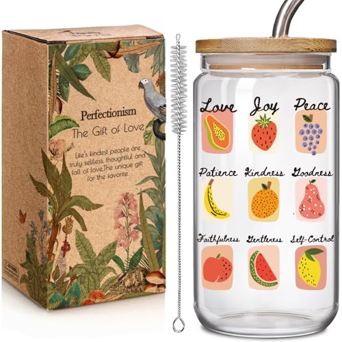 Christian Religious Glass Cup Gifts for Women Mother-Love Joy Peace Fruit of the Spirit, Christmas Inspirational Jesus Catholic Spiritual 16oz Glass Cup with Lid and Straw Gifts for Ladies Friends