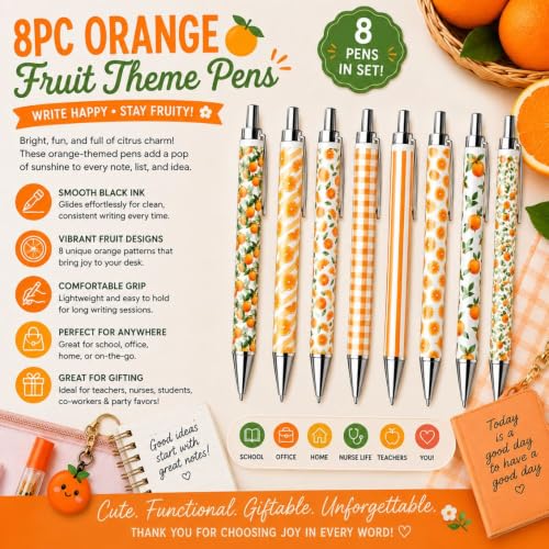 8PC Orange Fruit Theme Pens Bulk Gift Set Cute Fruity Zest Summer Fall Teacher Nurse Desk Accessories Journal Writing Pen Party Favors Supplies Thanksgiving Appreciation Gifts for Women Men Adults - style: Orange