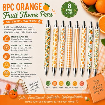 8PC Orange Fruit Theme Pens Bulk Gift Set Cute Fruity Zest Summer Fall Teacher Nurse Desk Accessories Journal Writing Pen Party Favors Supplies Thanksgiving Appreciation Gifts for Women Men Adults - style: Orange
