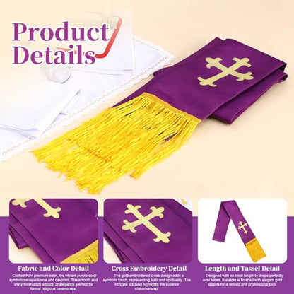 Brilucky Clergy Stole for Men Church Supplies,Choir Stole with Cross for Wedding Officiant Priest Robe Accessories,Baptism Catholic Church Priest Mass Stoles Accessories,Purple Cloth for Easter Cross