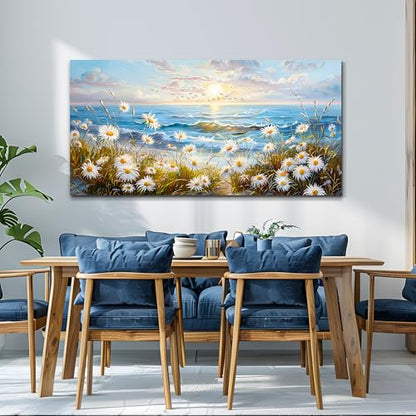 Large Coastal Wildflower Wall Art,Daisy Botanical Canvas Prints 20x40 Inch - color: Flowers Sea Painting, size: 40"L x 20"W