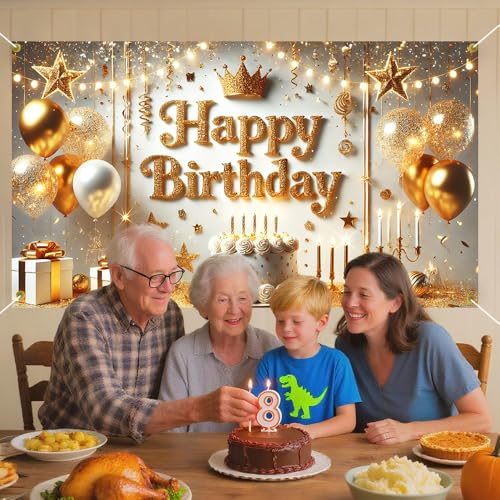 Happy Birthday Backdrop Banner 70.8 x 43.3 Inch, Gold Crown Balloon Cake Candle Glitter Elegant Party Decorations for Men Women Adults, Luxury Photo Booth Background with Hanging Rope - color: Colorfulb593, size: 70.8 x 43.3 Inch