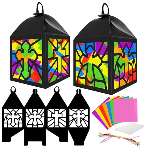 Cinrobiye 16 Set Religious Cross Tissue Paper Craft Kit, Christian Stained Glass Lantern Suncatcher Craft with Colorful Cellophane, Cross Church Decorations for VBS, Church Events Group Activities - style: Bible