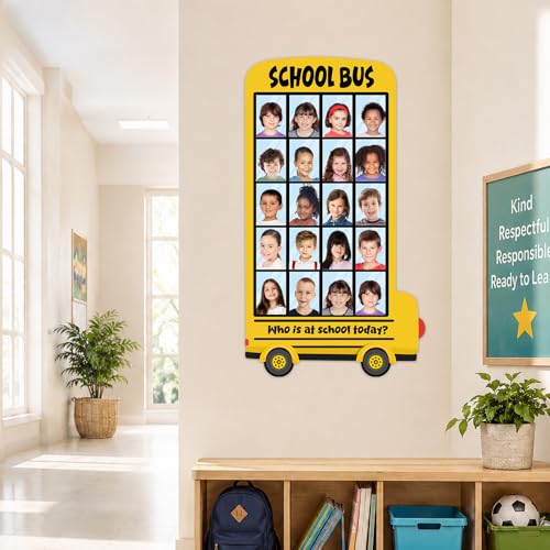 25×14In Yellow Bus Classroom Attendance Chart Who is at School Today DIY Photo Display Board Classroom Management Teacher Tools Back to School Bulletin Board Decor for Preschool Kindergarten Daycare