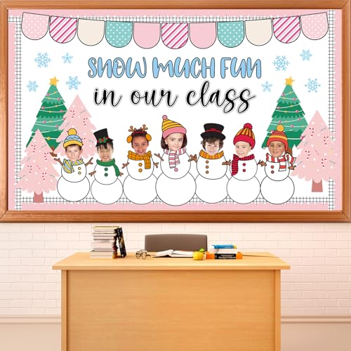 Winter Bulletin Board Decoration Set Xmas Tree Snowflakes Classroom Paper Cutouts Winter Snowman DIY Photo Bulletin Board Paper Decor for Christmas Holiday School Classroom Home Chalkboard Wall Decor - style: Snowman