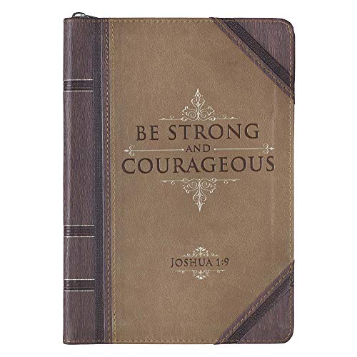 Christian Art Gifts Brown Vegan Leather Zipped Journal, Inspirational Men’s Notebook Be Strong Scripture, Flexible Cover, 336 Ruled Pages, Ribbon Bookmark, Joshua 1:9 Bible Verse