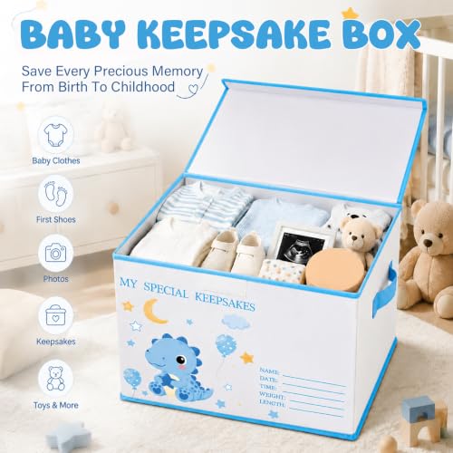 Baby Memory Keepsake Box 16x12x12 Inch Elephant Dinosaur Pattern - color: blue