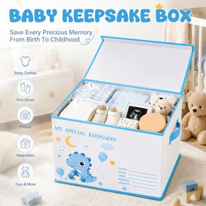 Baby Memory Keepsake Box 16x12x12 Inch Elephant Dinosaur Pattern - color: blue