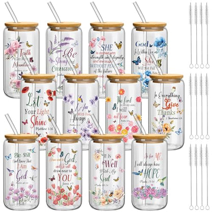 Teenyyou 12 Set of Christian Gifts for Women Bible Verse Glasses Tumbler with Bamboo Lid and Glass Straw 16oz Inspirational Religious Coffee Cup for Back to School Teacher Appreciation Gifts - style: Christian