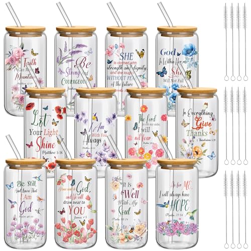 Teenyyou 12 Set of Christian Gifts for Women Bible Verse Glasses Tumbler with Bamboo Lid and Glass Straw 16oz Inspirational Religious Coffee Cup for Back to School Teacher Appreciation Gifts - style: Christian