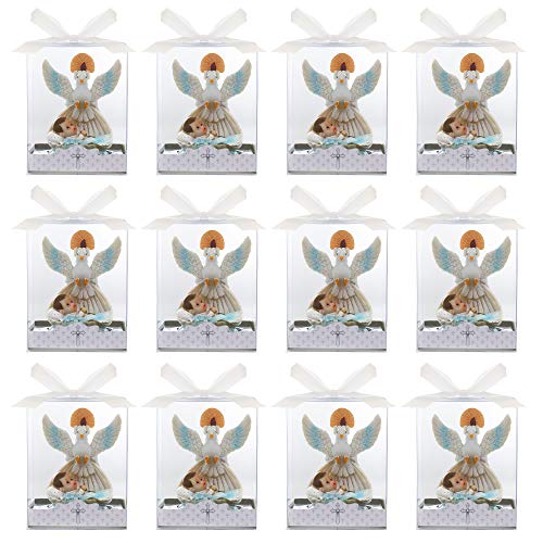 Lunaura Religious Keepsake - Set of 12"Boy" Baby Laying in Basket with Dove and Candle Favors - Blue