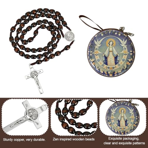 Wooden Catholic Rosary Beads, Rosarios Catolicos with Decorative Prayer Box - color: Brown (9)