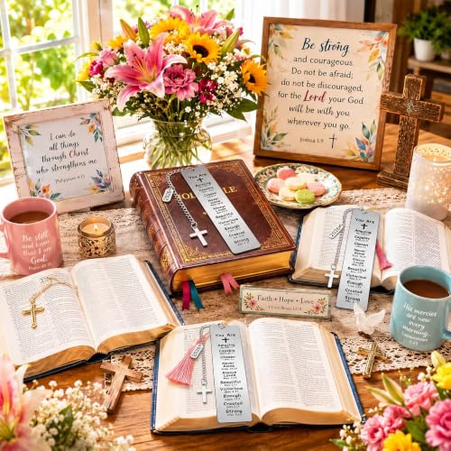 Gueevin 12 Pcs Christian Bookmarks Bulk, Metal Bible Verse Bookmarks with Cross Tassels, Religious Gifts for Baptism, First Communion, Confirmation, Sunday School and Church Events - style: Baptism