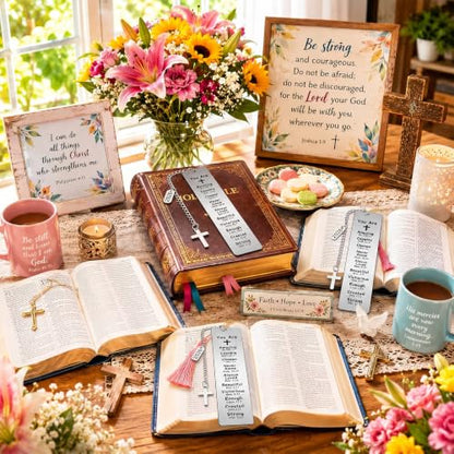 Gueevin 12 Pcs Christian Bookmarks Bulk, Metal Bible Verse Bookmarks with Cross Tassels, Religious Gifts for Baptism, First Communion, Confirmation, Sunday School and Church Events - style: Baptism