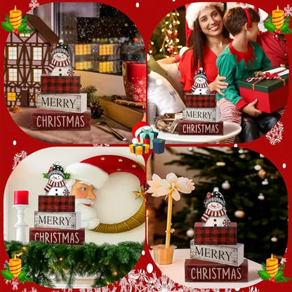 Lineshading 4 Pcs Christmas Table Decoration Wooden Snowman Decor Christmas Tiered Tray Decor Red Buffalo Plaid Block Signs Snowman Table Centerpiece Farmhouse Winter Decoration for Home Kitchen Shelf - style: Christmas Snowman