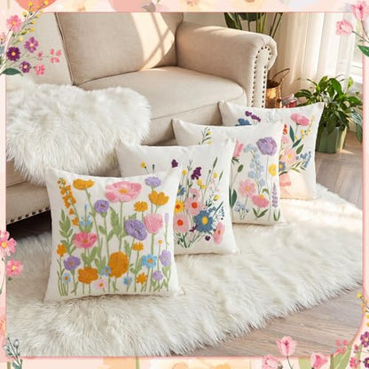 Mixweer 4 Pcs Wildflowers Pillow Covers Set, 18 x 18 Inch Embroidered Pillow Cases, Square Throw Cushion Cover for Couch Sofa Bed Home Decor - style: Wildflowers
