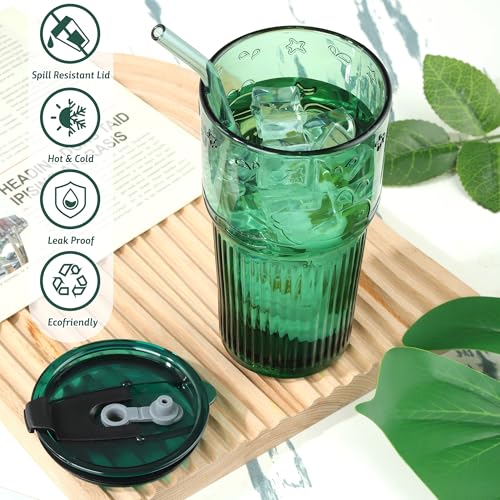Joeyan Green Glass Tumbler with Lid and Straw,Embossed Iced Coffee Cups with Whale Pattern,Colored Striped Drinking Jars,Water Juice Beverages Soda Glasses,18.5 oz,Set of 2,Dishwasher Safe - color: Green-3