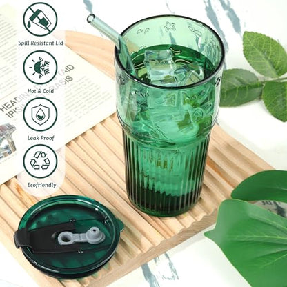Joeyan Green Glass Tumbler with Lid and Straw,Embossed Iced Coffee Cups with Whale Pattern,Colored Striped Drinking Jars,Water Juice Beverages Soda Glasses,18.5 oz,Set of 2,Dishwasher Safe - color: Green-3