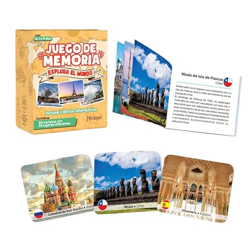 Menique Explore the World Memory Matching Game – Spanish Edition – 100 Cards (50 Pairs) with Iconic Landmarks, Country & Flag – Educational Geography Game in Spanish. - style: (ES) Explora el Mundo
