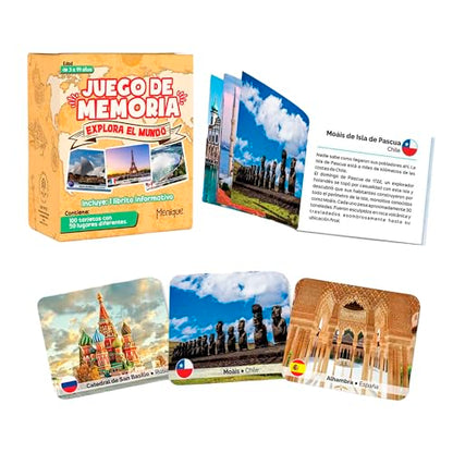 Menique Explore the World Memory Matching Game – Spanish Edition – 100 Cards (50 Pairs) with Iconic Landmarks, Country & Flag – Educational Geography Game in Spanish. - style: (ES) Explora el Mundo