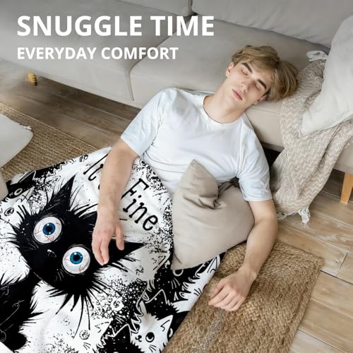 Funny Black Cat Blanket, It's Fine Everything is Fine Funny Throw Blankets for Home Bedroom Living Room Couch Bed Decor, Black Cat Mom Lovers Gifts for Women, 50x60 Inch - color: 04- Funny Black Cat(blanket-01)