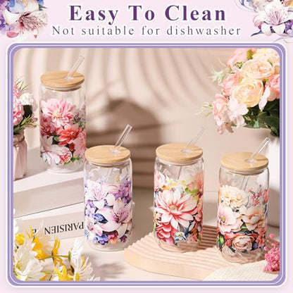 Mumufy 4 Pack Bloom Floral Glass Cup, 16 oz Tumbler Mug with Bamboo Lid - style: Bloom Floral