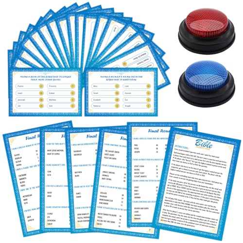 28 Pcs Christian Bible Family Feud Game with 2 Buzzers,Church Game Night, Bible Trivia Games Cards,Team Building & Family Game Night
