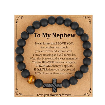 Gnamy Cross Bracelet for Boys Kids, American Flag Cross Beads Bracelet Easter Christian Religious Jewelry Gifts for Teen Teenage Boys - style: To My Nephew