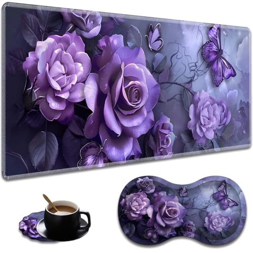 Extended Non-Slip Mouse Pad + Mouse Wrist Rest + Lace-Shaped Coaster Set, Ergonomic Design, Suitable for Desk and Home Gaming Table Mat, Purple Rose - color: Purple Rose